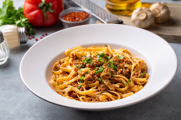 Spaghetti with minced meat in tomato sauce, pasta with noodles. Turkish noodle pasta.