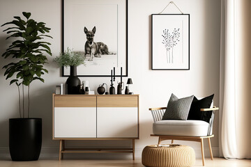 Interior of a contemporary Scandinavian living room with a mock up poster frame, a design commode, a vase of flowers, a black rattan basket, books, a teapot, and stylish accents. Elegant home staging