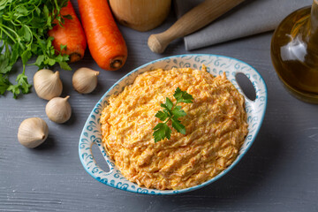 Traditional delicious Turkish foods; Fresh carrot salad with garlic yogurt in bowl. ( Turkish name; havuc tarator)