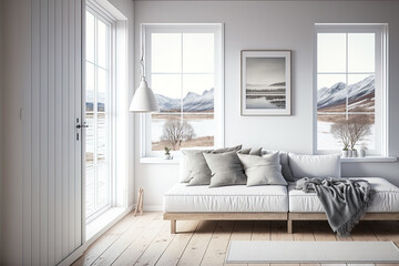 Interior of a white, minimalist living room with a wooden floor, a sofa, frames, and a window with a view of a white landscape. Nordic interior design. Generative AI