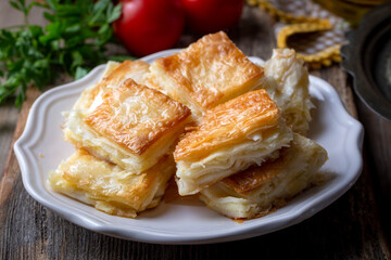 Delicious Turkish Tray pastry, Su boregi with cheese. Adana borek.