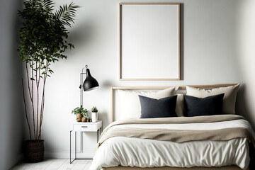 bedroom background with mock up poster frame in contemporary, Boho Scandinavian design,. Generative AI