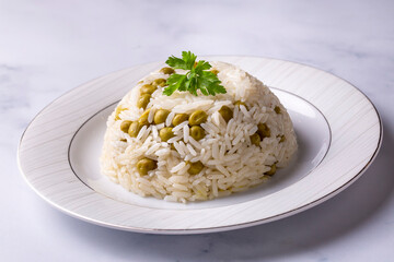 Traditional delicious Turkish foods; pea rice (Turkish name; Bezelyeli pilav)