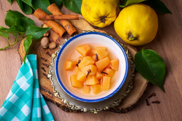 Quince compote. Compote or compote is a type of dessert prepared by boiling fruits with sugar water. Turkish name; ayva kompostosu