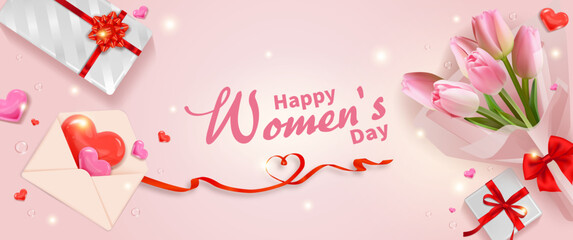 Fototapeta na wymiar Women's day themed poster in pink color with bouquet of tulips, love letter, gift and heart