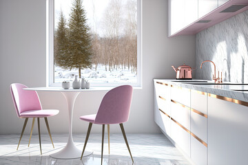 Large windows, a white marble tabletop, a pink chair, a sink, and kitchenware can all be found in a white kitchen. Generative AI