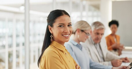 Happy business woman, face or office meeting in marketing agency internship, advertising growth opportunity or new job. Smile portrait, creative designer or teamwork collaboration in global diversity