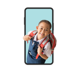 Happy asian school girl in uniform with big smart phone frame