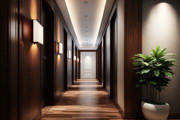 modern, luxurious hotel corridor with wood and tile. Generative AI - obrazy, fototapety, plakaty