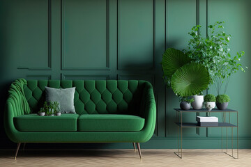 On a green wall with wooden floors, there is a green sofa and table. Generative AI