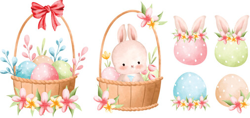 Watercolor illustration set of Easter basket and Easter eggs