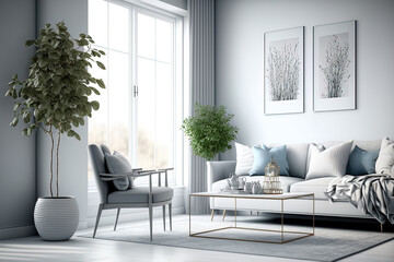 Interior of white and gray living room with tea table, decorations, and dried plants. mock up of an illustration. Generative AI