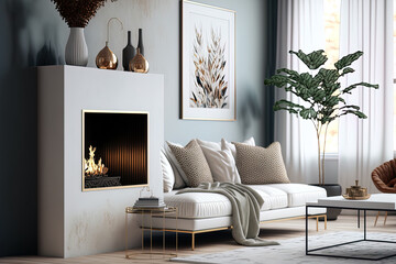 Modern fireplace and white sofa with pillows can be found in a fashionable living room. Generative AI