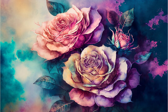 beautiful flowers  roses flower watercolor background, generative ai.