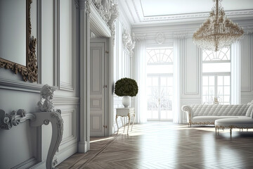 Elegant white, enormously spacious hall with only a few pricey antique pieces. Baroque interior decoration with parquet flooring and decorations on the walls. Generative AI - obrazy, fototapety, plakaty