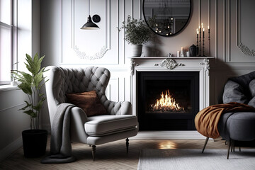 Obraz premium Interior of a lovely living room with a fireplace and chairs. Generative AI