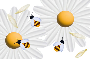 Bees with white flowers 3d top view. Insects pollinate chamomile, daisies, gerberas. The process of collecting honey, nectar. Bee in the apiary, spring time, white flowers. Meadow or field. Vector.