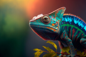Chameleon on a tree branch and a colored background. Generative AI.