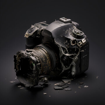 A broken digital camera on a black background. Generative AI