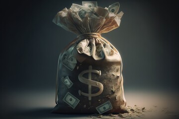  a bag of money with a dollar sign on it is shown in the middle of a pile of money on a dark background with a bitcountry floor and a bitcoin. - obrazy, fototapety, plakaty