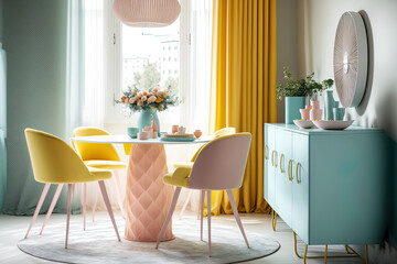 Interior of a feminine dining room with a circular table and colorful chairs, as well as a wooden cabinet next to a window with yellow drapes. Generative AI