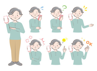 スマホを持つ様々な表情のシニア女性