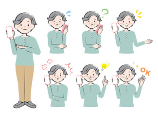 スマホを持つ様々な表情のシニア女性