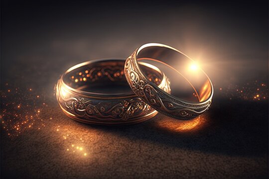  Two Gold Wedding Rings With A Glowing Background And A Sparkle Of Light Behind Them, With A Black Background And A Gold Sparkle Around The Edges, With A Light From The Ring To The.