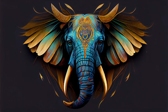 elephant head Fokus in camera ethnic painting with feathers © surassawadee