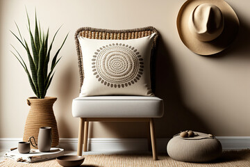 Mockup of an empty wall in a warm, neutral beige room with a wicker chair, an ethnic pillow, a jute mat, and other bohemian style accents. Illustration,. Generative AI