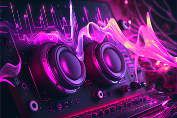 Fototapeta na wymiar electronic music, purple pink, beautiful dj, waves of music