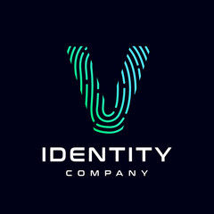 Fingerprint V letter vector template logo. Design with gradient and technology. This graphic is suitable for identification, security, protection and business.