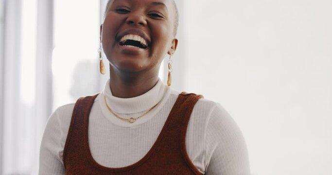 Hands, peace sign and face of black woman in the office with happiness, success and leadership in corporate career. Business, mindset and female worker with hand gesture for vision, goals and startup