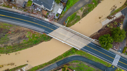 Drone photo over Marsh Creek in Brentwood, California after a atmospheric river storm.