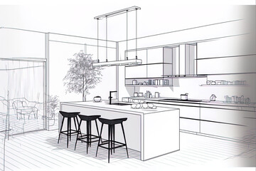 Concept drawing of a contemporary kitchen with an island. Generative AI