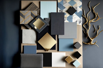 Moodboard. product samples. Warm wood, blue, gray, white, black, and gold. Generative AI