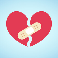 Happy Valentine's Day Background with broken heart is glued together with a plaster on blue background ,for February 14, Vector illustration EPS 10