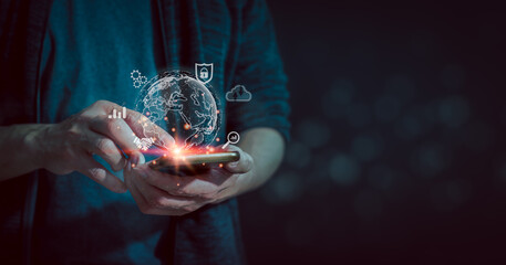 Hand touching on Global Internet connection. Business global internet connection application technology and digital marketing, Financial and banking, Digital link tech, big data.