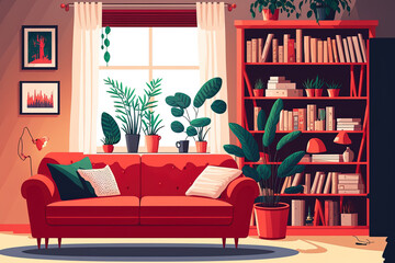 Interior of a living room. house plants, a bookcase, and a cozy red sofa. illustration in a flat design. Generative AI