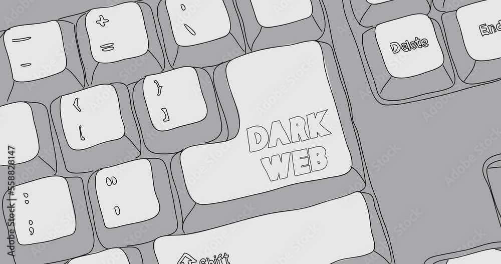 Poster Computer Keyboard with Dark Web text. Close-up of an electronic Computer Device part, keypad. Dancing thin lines.
