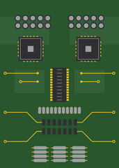 Creative microcircuit portrait in flat style. Computer industry poster design.