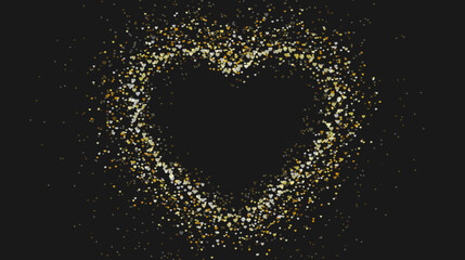 Heart shape frame with golden heart confetti on black background. Illustration of love symbol for valentines day, mother's day, women's day. Greeting card, wedding invitation. Vector