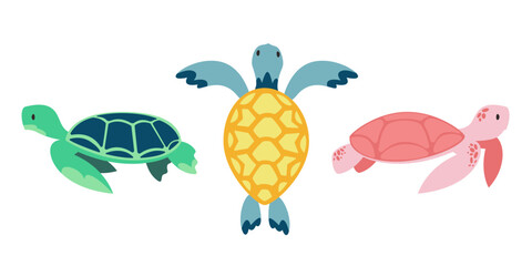 Set of sea turtles. Beautiful underwater inhabitants in flat style.
