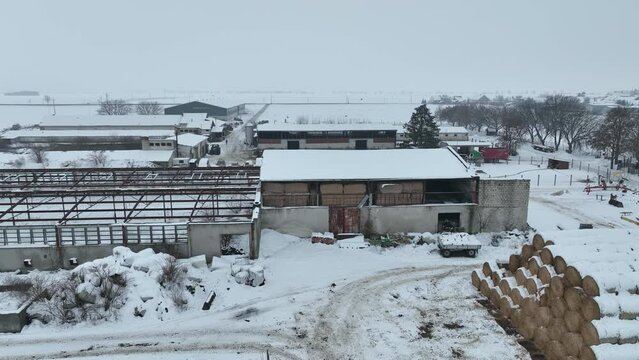 Farm Cowshed Straw Stack Bales Barn Winter Frost Snow Drone Aerial Building Agricultural Breeding Cattle Pigs, Breeding Sheep Horses. Village Snowy Ice Stetovice Farming Farmer Cooperative Snowfall