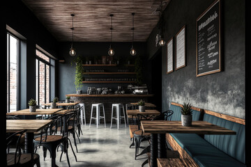 a view of the interior of a cafe with a loft style layout in dark colors and an open space welcome open background of a coffee shop. Generative AI
