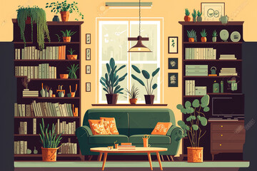 a large, intricate interior set. cozy living space art that is flat. Generative AI