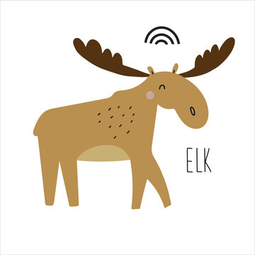 Postcard with animals elk for children. Educational preschool cards for learning animals. Learn animal name for kids.