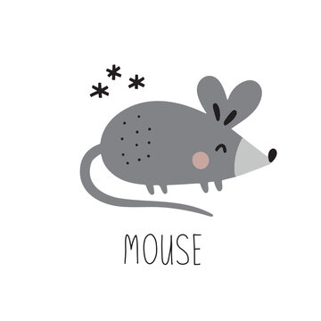 Postcard with animals mouse for children. Educational preschool cards for learning animals. Learn animal name for kids. Vector illustration.
