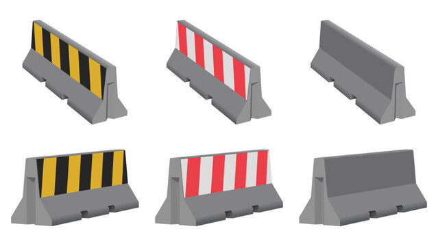 set of Striped concrete barriers for blocking road. Vector illustration, concrete road barriers, isolated on white