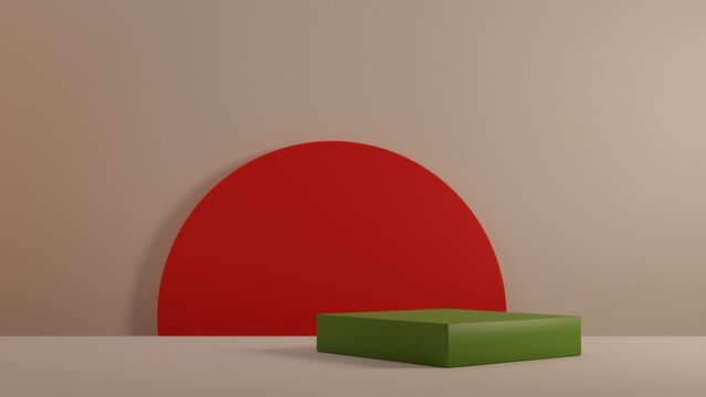 green cube podium product display with red circle background, 3D rendering